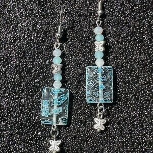 Handcrafted Light Blue, White and Clear Beads w Silver Accents Dangle Earrings